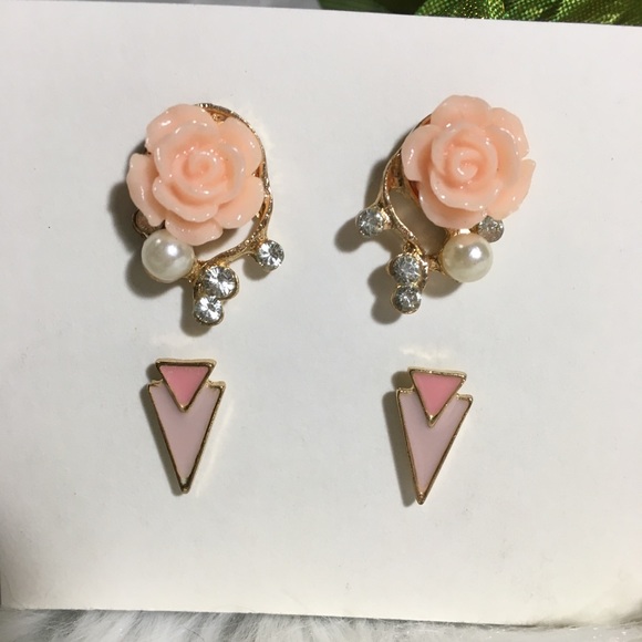 Pink Roses & Dainty Triangles Retro Earring Set - Picture 4 of 6